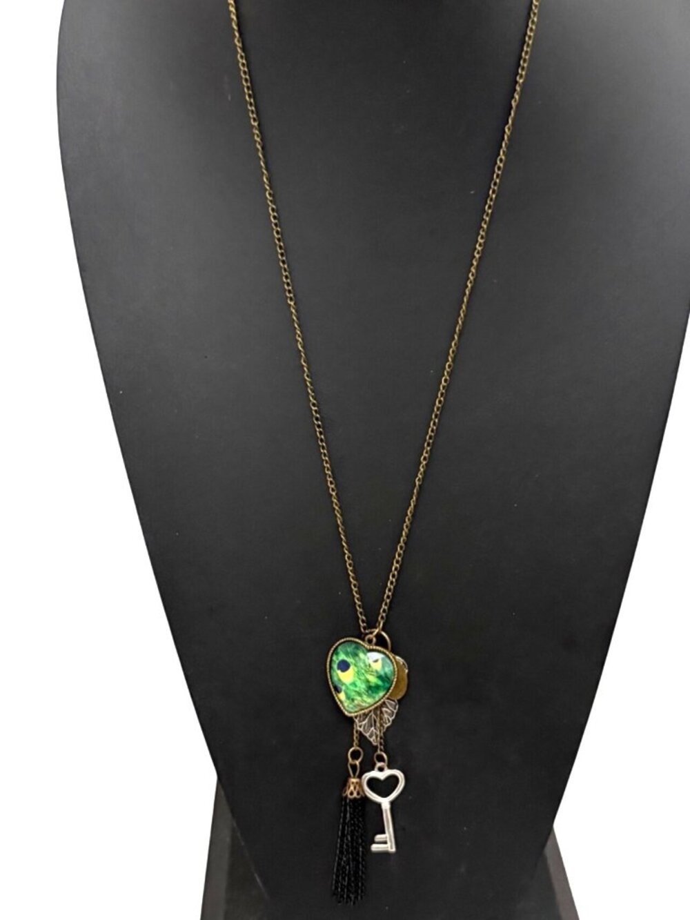 Tutti Frutti Necklace Heart Peacock Pendant Key Tassel Boho Brass 26 inches
